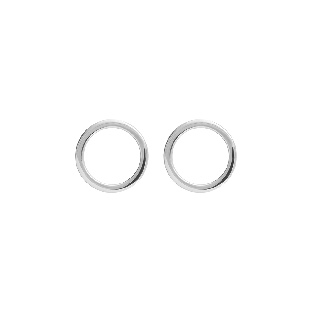Open round earrings Silver rings, a front image of round open circle studs in silver with inscription OUAW